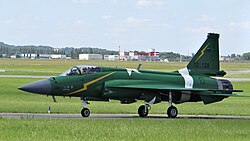 A Pakistan Air Force demo team JF-17 Thunder with an Iranian drone kill mark on the nose which it shot down in 2017.