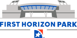 A gray silhouette of the ballpark's facade with "First Horizon Park" written in blue below