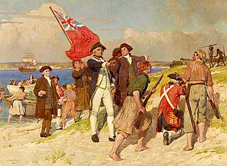 Cook and several crew members landing on a beach, where two Australian Aborigines are standing