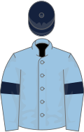 Light blue, dark blue armlets, dark blue cap