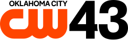 The CW logo, an orange thick logo with the letters C and W connected, in the lower left. Above it, right-aligned, is the words Oklahoma City capitalized in a sans serif. To the right of both, full-height, is a sans-serif numeral 43.