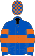 Royal blue, orange hoop, hooped sleeves, check cap