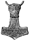 Drawing of a 4.6 cm gold-plated silver Mjölnir pendant found at Bredsätra on Öland, Sweden