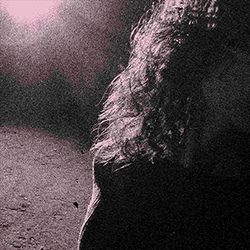 A grainy and purple-tinted image of a light shining on a person's hair