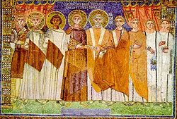 At the basilica of Sant'Apollinare in Classe in Ravenna, the Heraclian Emperor Constantine IV Pogonatus wears a chlamys similar to that of Justinian I, the namesake of his son and successor.