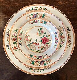 Double Peacock Dinner Service export: famille rose service with peacocks over a rock, late 18th century