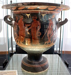 Greek bucrania on a bell krater over a sacrifice, from Rudiae c.375-350 BC (Museo archeologico Sigismondo Castromediano, Lecce)