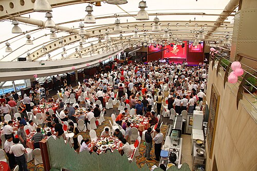 Chinese birthday banquet for an elder with "Longevity" banner