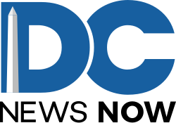 Large, thick blue letters DC, with the D sitting atop the C, and the words "NEWS NOW" in black. On the left side of the letter D is a representation of the Washington Monument.