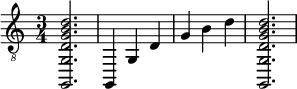 {
\clef "treble_8"
\time 3/4 \set Staff.midiInstrument = #"acoustic guitar (steel)"
<g,, g, d g b d'>2.
<g,, >4
<g, >4
<d >4
<g >4
<b >4
<d' >4
<g,, g, d g b d'>2.
}