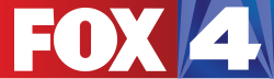 From left to right: a red box containing the Fox logo in white; and a blue box with sublimated blue searchlights either side and a large white bold sans-serif numeral 4.
