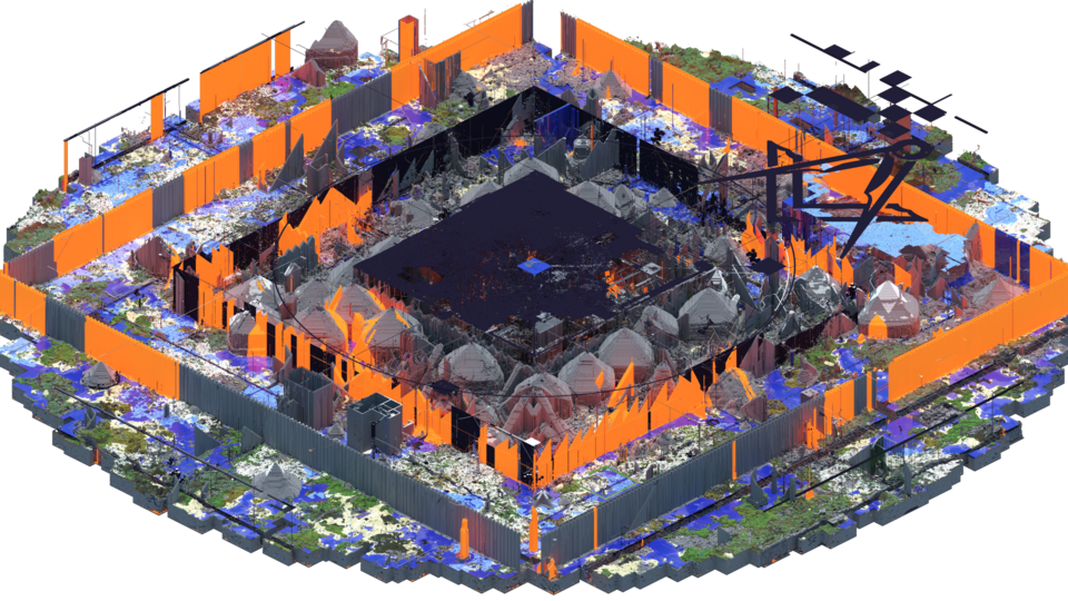 A render of 2b2t's spawn region as of June 2019, providing an alternative side view in an isometric projection of the render in the Culture section