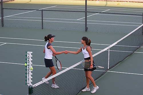 Tennis players shaking hands after match