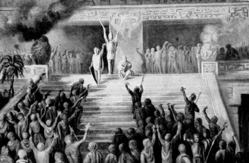 A figure (presumably Captain Moroni) stands with arms aloft, a sword in his right arm and a flag in his left, at the top of a wide set of outdoor stairs that appear to descend from a large public building; implicitly, in the context of the Book of Mormon, a religious edifice like a temple. Two figures flank Captain Moroni, one seated and the other standing, a few steps down. Behind them, a the building looms, with two gaping square-arched entrances. Crowds seem to be trailing out from each. At the bottom of the steps, another crowd gathers. They are animated, and many have their arms raised up. Captain Moroni has evidently energized the crowd, rallying them to arms in defense of Nephite society.