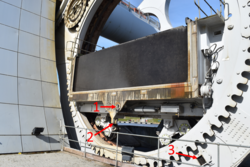 Securing pin and clamp receptors on a caisson (1 and 2), and a wheel securing pin receptor (3)