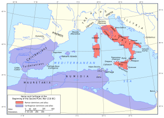A map of the western Mediterranean showing territory controlled by Carthage and Rome in 218 BC