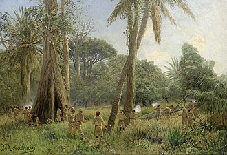 A depiction of a battle between local tribesmen and German askaris by Themistokles von Eckenbrecher, 1896.