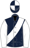 Dark blue, white sash and sleeves, quartered cap