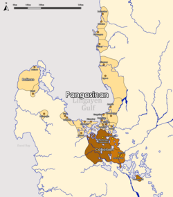 A map of Caboloan with Binalatongan (dark brown) and associate settlements (brown) during the 15th-16th centuries.