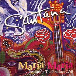 An abstract Latin painting with a blue background and a red-orange foreground. Images depicted in the foreground include a guitar with a crown on its headstock, two roses, a snake, and a partially obscured face. "Santana" is scribed across the top-left and center of the image, while the text "Maria Maria" appears on the bottom-right. Below it, "Featuring The Product G&B".