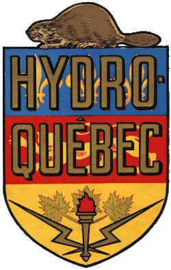Hydro-Québec's old logo: the red, blue and yellow coat of arms of Quebec surmounted by a beaver and featuring the words HYDRO-QUEBEC in bold and two bolts of lightning