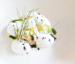 Shrimp covered and topped with coconut and guava