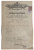 Austro-Hungarian discharge certificate (Austrittszertifikat) issued to a reserve lieutenant of the Imperial-Royal Landwehr, 1911.