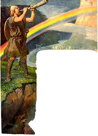 A man blowing a trumpet, with a rainbow in the background