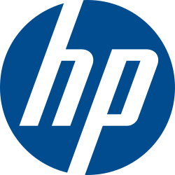 A dark blue circle with the stylized italic letters "hp" on it