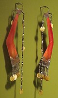Men's ear pendants made of hornbill, discs of shell, beads and brass