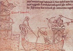 Hayo van Wolvega attacks the tower of Damietta with a flail during the 5th crusade.