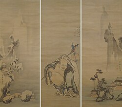 Hotei With Summer and Winter Landscapes. Triptych by Igarashi Shunmei (1768), Edo period.