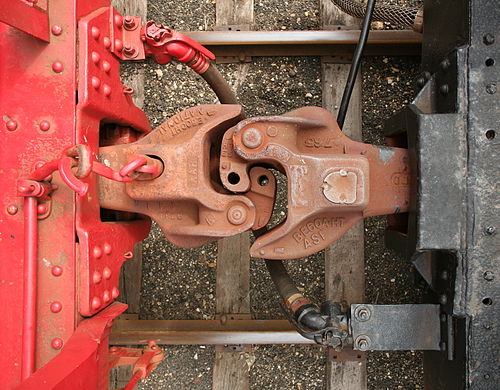 Mated Janney Type E couplers, as seen from above. Left is top-operated on locomotives. Right is bottom-operated on cars
