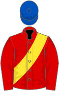 Red, yellow sash, royal blue cap