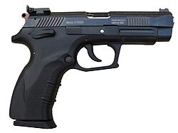 Black semi-automatic pistol shown in left profile, with textured grip, trigger guard, slide serrations, and adjustable rear sight; markings visible on the slide.