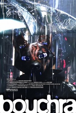 A female canid is shown holding a transparent umbrella under rainy weather, in front of a fuzzy nighttime cityscape. The film title, rendered as "bouchra" in a round font, is at the bottom of the poster. Credits for the film are shown above it, along with a "Platform Prize" nomination logo from the Toronto International Film Festival.