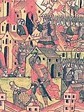 The Mongol army captures a city, miniature from the Illustrated Chronicle of Ivan the Terrible