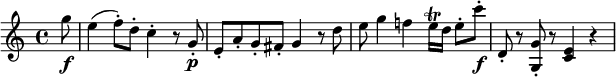 
\relative g'' {
  \key c \major \time 4/4
  \partial 8 g8 \f
  e4( f8-.) d-. c4-. r8 g-. \p
  e8-. a-. g-. fis-. g4 r8 d'
  e8 g4 f! e16 \trill d e8-. c'-. \f
  d,,8-. r <g g,>-. r <e c>4 r
}
