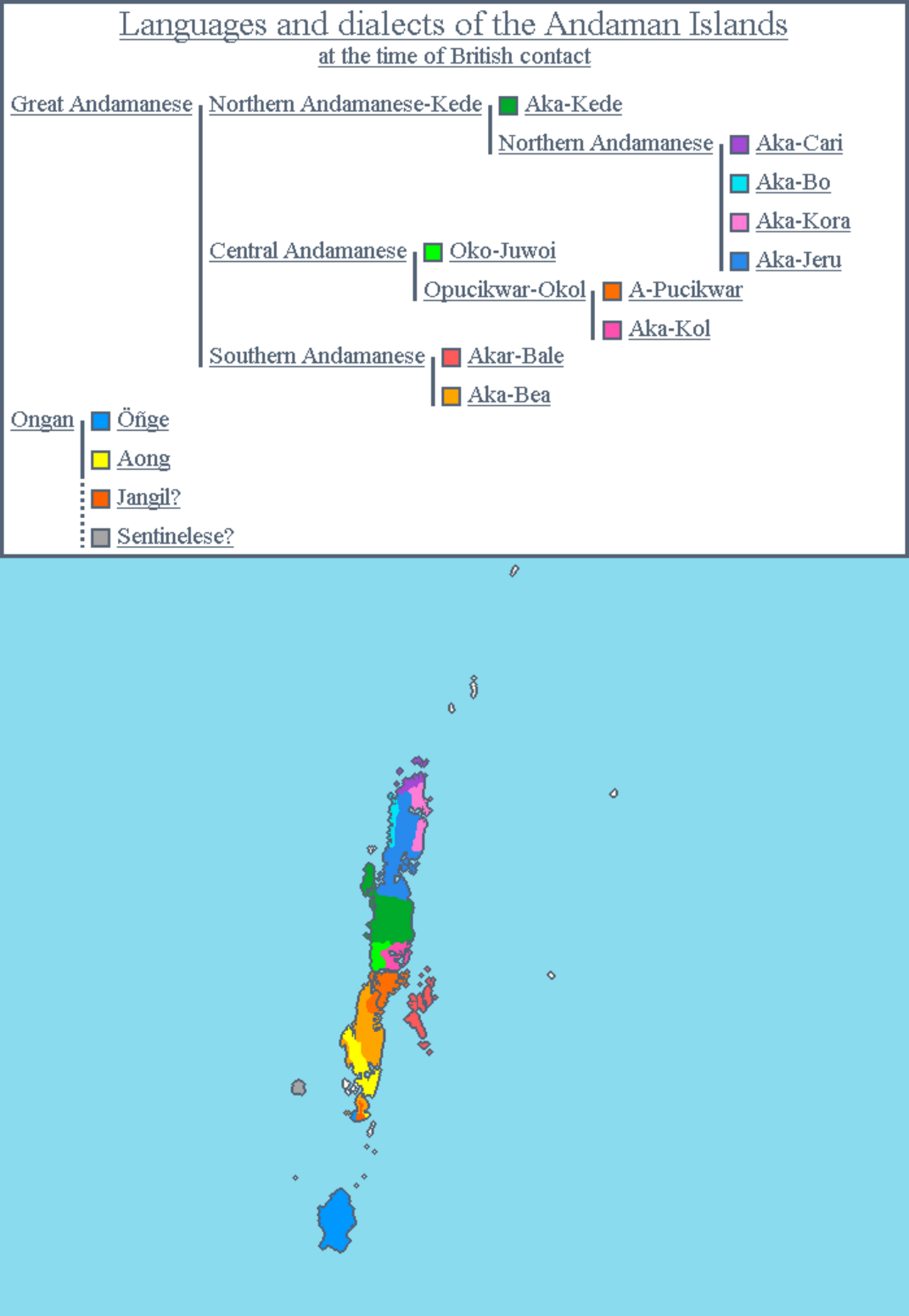 Languages and dialects of the Andaman Islands at British contact.png
