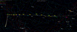 Voyager 2's trajectory from the Earth, following the ecliptic through 1989 at Neptune and now heading south into the Pavo constellation