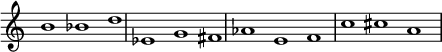 {
\override Score.TimeSignature
#'stencil = ##f
\override Score.SpacingSpanner.strict-note-spacing = ##t
\set Score.proportionalNotationDuration = #(ly:make-moment 3/2)
\relative c'' {
\time 3/1
\set Score.tempoHideNote = ##t \tempo 1 = 60
b1 bes d
es, g fis
aes e f
c' cis a
}
}