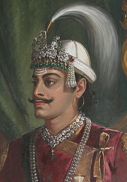 Pratap Singh Shah wearing an early form of the Shripech during the early Kingdom of Nepal, c. 1775–1777.