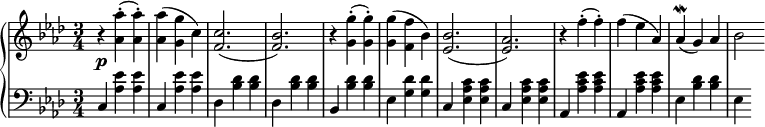 
 \relative c' {
  \new PianoStaff <<
   \new Staff { \key f \minor \time 3/4
    \tempo \markup {
     \column {
   }
    }
    r <aes' aes'>-.( <aes aes'>-.) <aes aes'>( <g g'> c) <c f,>2.( <bes f>) r4 <g g'>4-.( <g g'>-.) <g g'>( <f f'> bes) <bes ees,>2.( <aes ees>) r4 f'4-.( f-.) f ( ees aes,) aes\mordent( g) aes bes2
   }
   \new Dynamics {
    s\p
    }
   \new Staff { \key f \minor \time 3/4 \clef bass
    c,,4 <aes' ees'> <aes ees'> c, <aes' ees'> <aes ees'> des, <bes' des> <bes des> des, <bes' des> <bes des> bes, <bes' des> <bes des> ees, <g des'> <g des'> c, <ees c' aes> <ees c' aes> c <ees c' aes> <ees c' aes> aes, <aes' ees' c> <aes ees' c> aes, <aes' ees' c> <aes ees' c> ees <bes' des> <bes des> ees,
   }
  >>
 }
