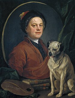 A man wearing a red robe and a black hat in a mirror. A small yellow dog with a black nose and ears stands beside the mirror.