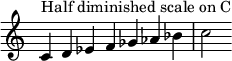  {
\override Score.TimeSignature #'stencil = ##f
\relative c' {
  \clef treble \time 7/4
  c4^\markup { Half diminished scale on C } d es f ges aes bes c2
} }

