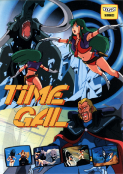 Advertisement flyer drawn in anime-style with the title Time Gal in the left center. A green-haired scantily clad female character appears in various scenarios throughout the artwork. The two most prominent depict her facing a large woolly mammoth in an ice environment on the top left and her flying through an blue spiraling portal on the top right. Below is a blonde man with a beard wearing a navy jumpsuit and a black cape sitting in a large grey chair.