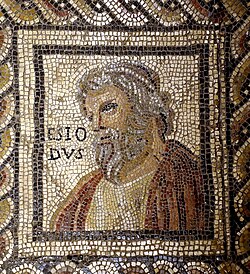 Monnus mosaic from the end of the 3rd century AD. The figure is identified by the name name ESIODVS (Hesiod).