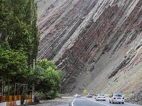 Steeply dipping sedimentary rock strata along the Chalous Road in northern Iran