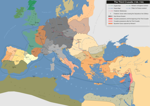 Map showing the borders of the European states and the Muslims states in the Mediterranean, and the routes of the crusader hosts