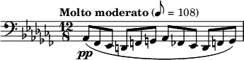 { \set Staff.midiInstrument = "contrabass" \language "english" \clef bass \key af \minor \time 12/8 \tempo "Molto moderato" 8 = 108 \relative { af,8\pp( ff ef d f g af ff ef d f g) } }